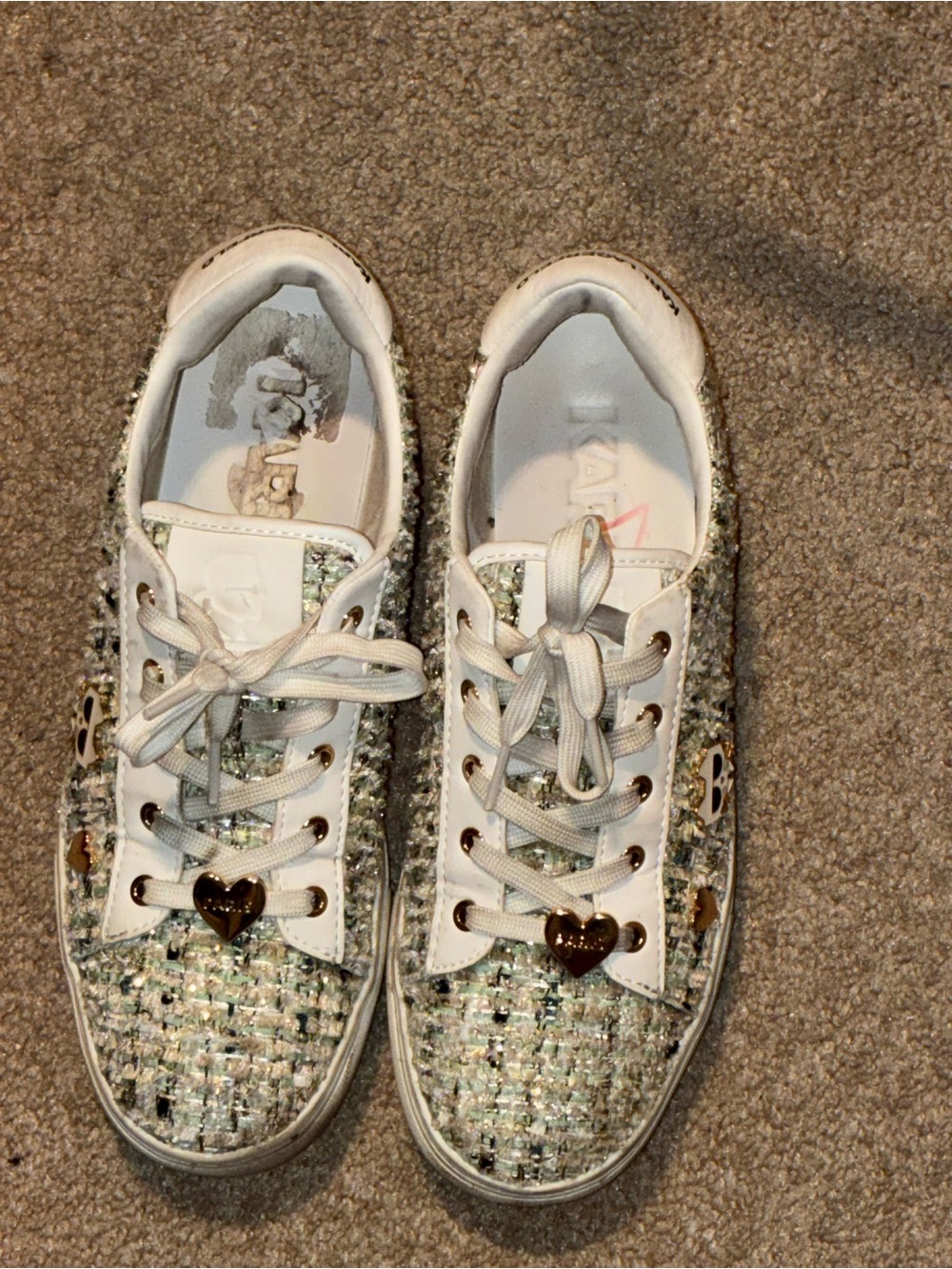 Karl laggerfield White Tweed Lace-Up Sneakers with Heart Charm 8